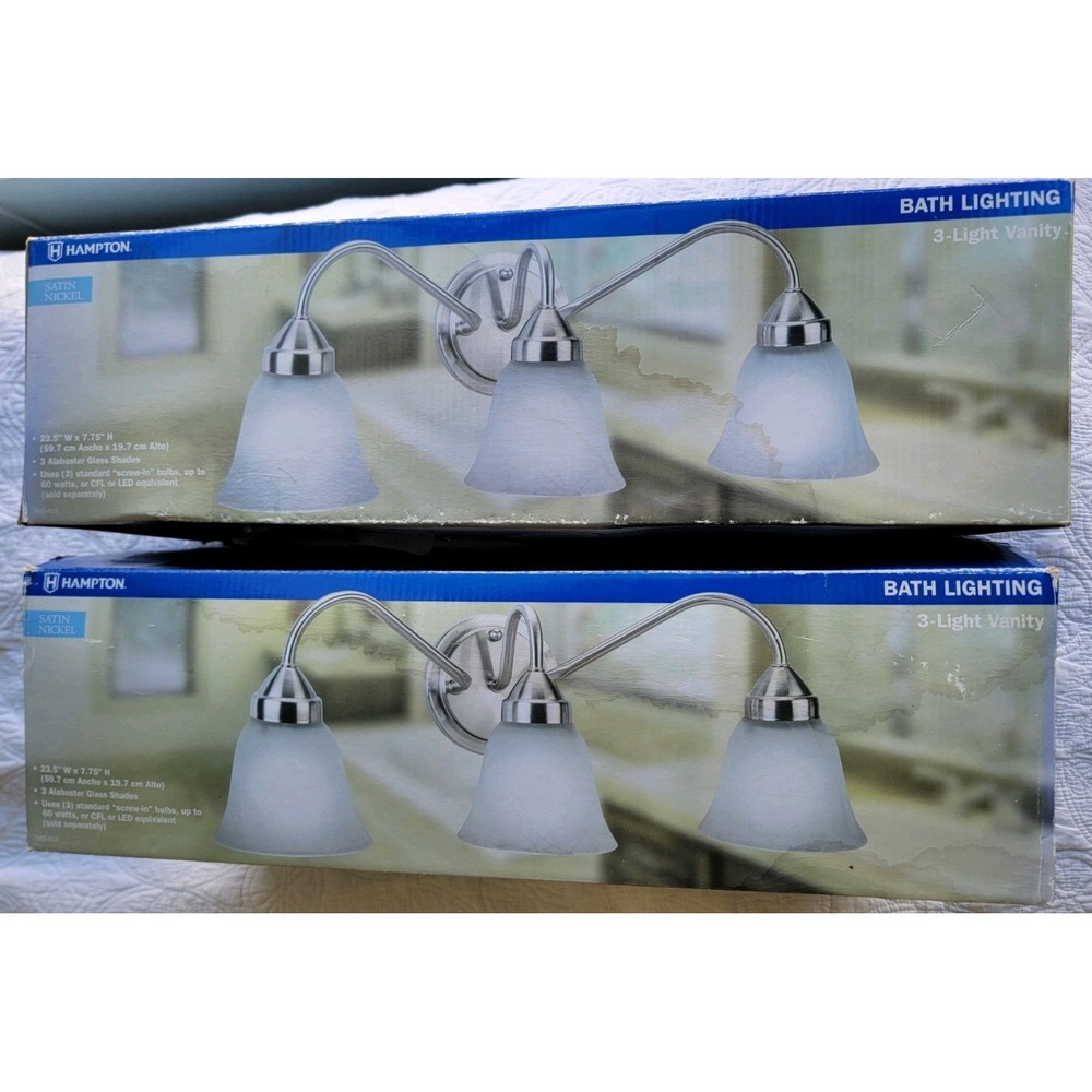 Hampton Bay 3-Light Brushed Nickel Vanity Light W/ Frosted Glass Shades LOT of 2